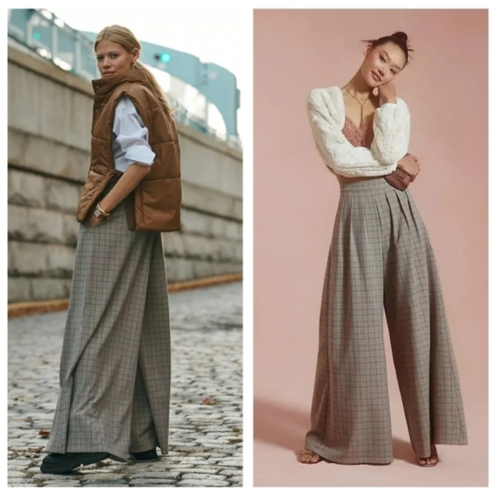 Anthropologie Corey Lynn Calter Pleated Extra Wide-Leg Plaid Trousers Medium - Picture 2 of 6